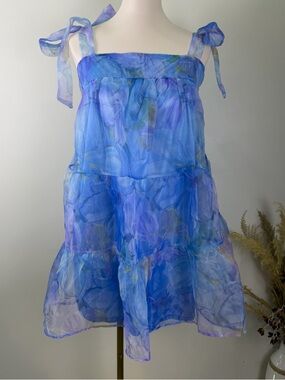 Listicle Blue Floral Tiered Organza Tie-Shoulder Mini Dress Size Large